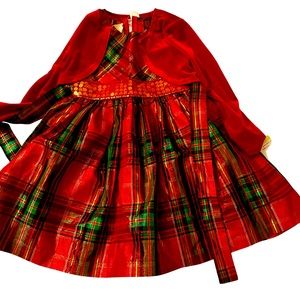 Bonnie Jean Red and Green Christmas Dress, Velvet Bolero